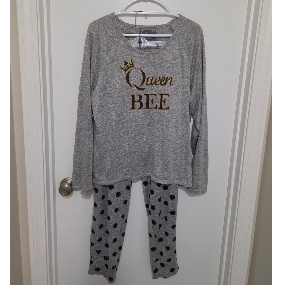 PJ Couture Queen Bee Pajama Set Gray Polka Dot Long Sleeve XL